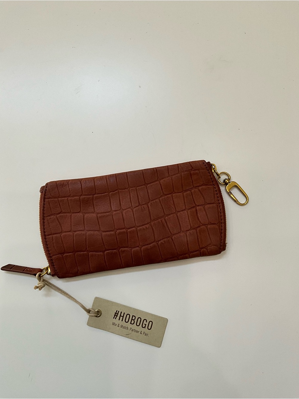 HOBO Cognac Croc Embossed Leather Dual Zip Organizer Wallet NWT